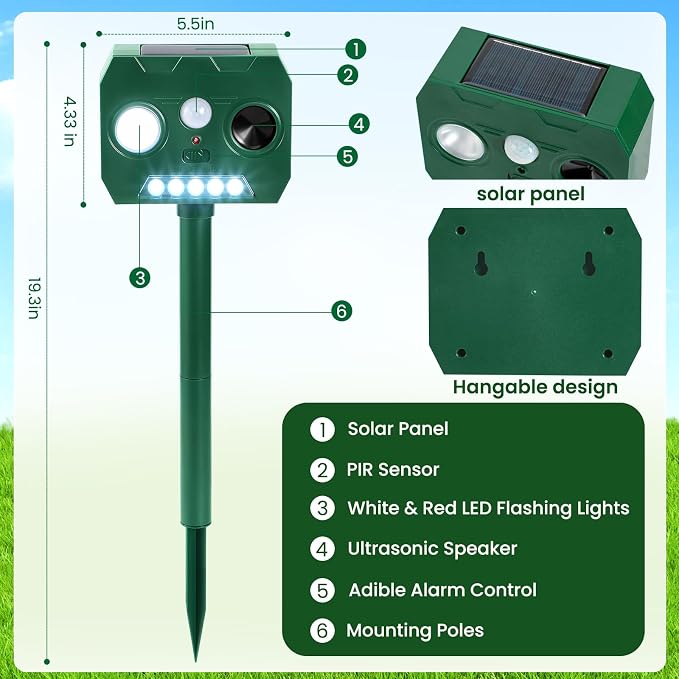 Solar Ultrasonic Animal Repellent Outdoor, 2 Pack Cat Squirrel Raccoon Bird Dog Deer Repellent Devices with PIR Motion Sensor & LED Flash, Waterproof Animal Deterrent for Garden Yard Farm