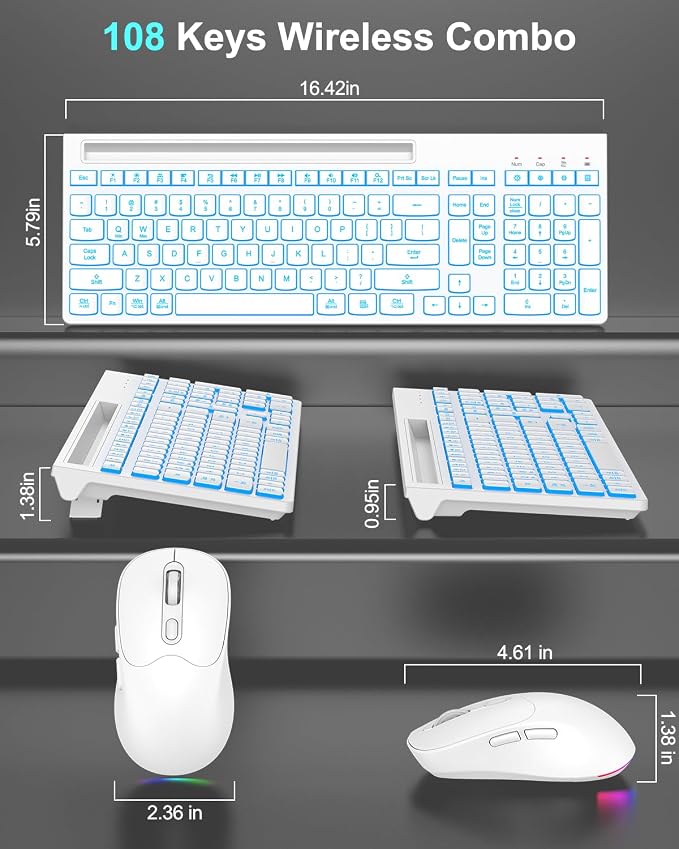 Wireless Keyboard and Mouse Combo, 7 Backlit Effects, Light Up Letters, Rechargeable, Phone Holder, 6 Button Mouse, Ergonomic Tilt Angle, 2.4GHz Silent USB Keyboard Mouse for Laptop, PC