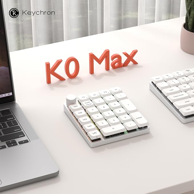 Keychron K0 Max QMK Wireless Custom Number Low-Profile RGB Backlit (Hot-Swappable) Red Switch Keypad, 2.4 GHz & Bluetooth 5.3 Connection, 1000Hz Polling Rate - White