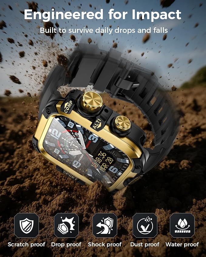 Goton Rugged Case and Band Kit with Screen Protector for Apple Watch 46mm, Compatible with Apple Watch Series 11/10, Full Body Shockproof Metal+PC Bumper Cover with Soft Band, 46mm Gold