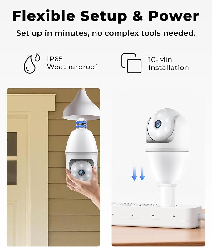 Light Bulb Security Camera 2 Packs, 5G&2.4GHz 2K Security Cameras Wireless Outdoor 360° PTZ Cameras for Home Security with Color Night Vision, 2 Way Talk, AI Human Detection, Screw in Light Socket