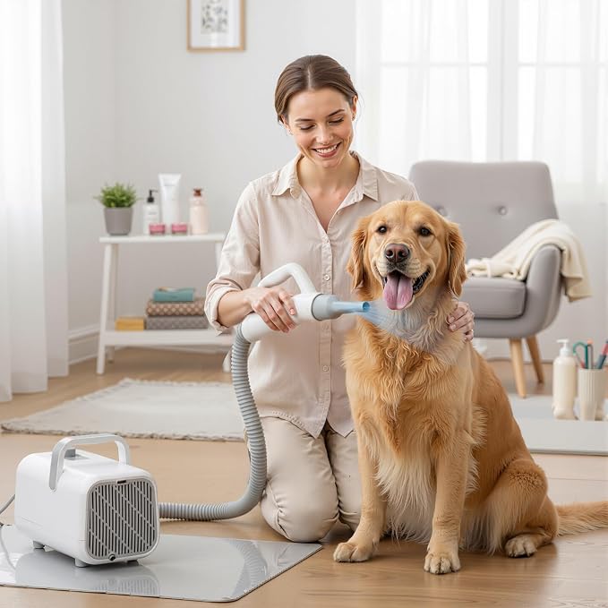 Dog Hair Dryer, Low Noise Pet Dryer for Cats, 1550W High Velocity Pet Blow with Heater for Grooming, Dogs Other Animals Hair Trimmer, White
