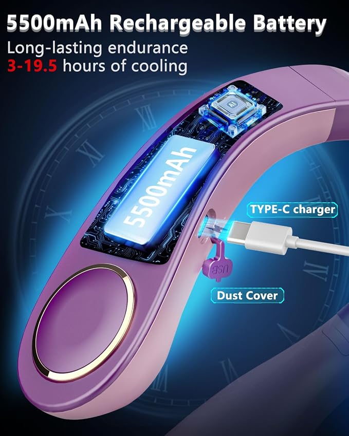 Neck Fan Air Conditioner,Cute Neck Cooling Fan with Metal Cool Plates,Quiet Wear around the Neck Fan,Headphones Long Life Neckband Unit Menopause Fan for Hot Flash Outside Outdoor Indoor Purple