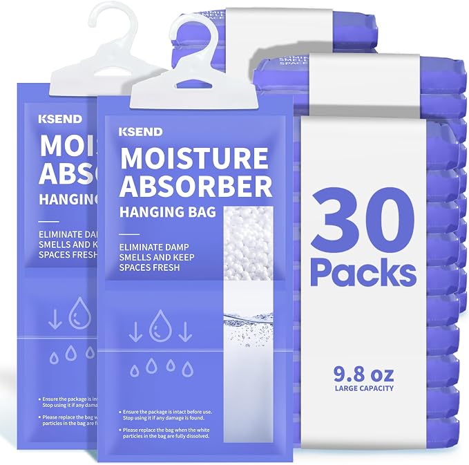 Ksend Moisture Absorbers 30 Pack, 9.8 Oz Compact Dehumidifier Bags & Packs, Moisture Hanging Bag, Humidity Absorbers, Closet Deodorizer Against Musty Odors, 11.8" x 6.3"