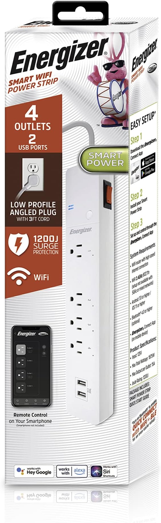 Energizer Smart Wi-Fi 4 Outlet 2 USB Power Strip, 1,200 Joules, Powers 4 Separate Items, Charge Compatible Devices, Compatible with Alexa/Siri/Google Assistant