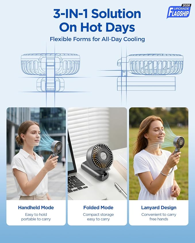 Funme Portable Handheld Fan, 10000mAh Rechargeable Personal Fan with 1-100 Speed Scroll Wheel Control, 46H Max Cooling, Boost Mode, LED Display, Metal Body, Foldable Desk Fan for Travel Outdoor, Blue