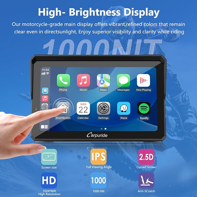 CARPURIDE W702BS for BMW Motorcycle CarPlay & Android Auto Dual Bluetooth, 7" Waterproof GPS Navigation Screen, Data Reading, Native Wonder, TPMS, Light Sensor, Music Sharing, Intercom, 16-Pin