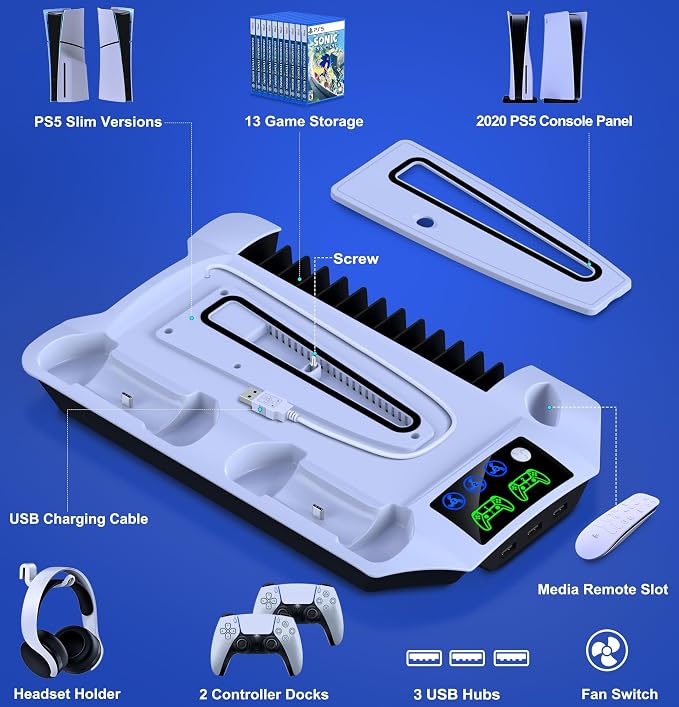 PS5 Slim Stand and Turbo Cooling Station with Controllers Charger Station for Playstation 5, PS5 Pro Console Accessories with 3 Levels Cooling Fan 13-Game Organizer Headset Holder for PS5 Digital/Disc