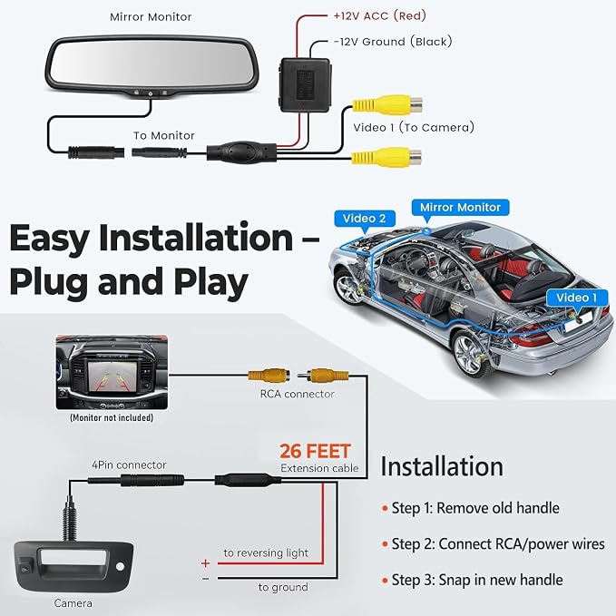 Tailgate Handle Backup Camera Compatible with 2007-2014 Chevy Silverado GMC Sierra 1500 2500 3500 HD with Waterproof Rear View Camera with Keyhole, Tailgate Handle Backup Kit Replaces# 22755304