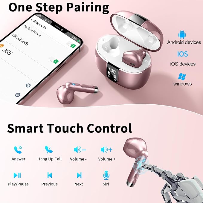 Wireless Earbuds, Bluetooth Headphones V5.4 Stereo Bass Ear Buds with ENC Noise Cancelling Mics,56H Bluetooth Earbuds with LED Display Charging Case, IP7 Waterproof Earphones for Android iOS【Mini】