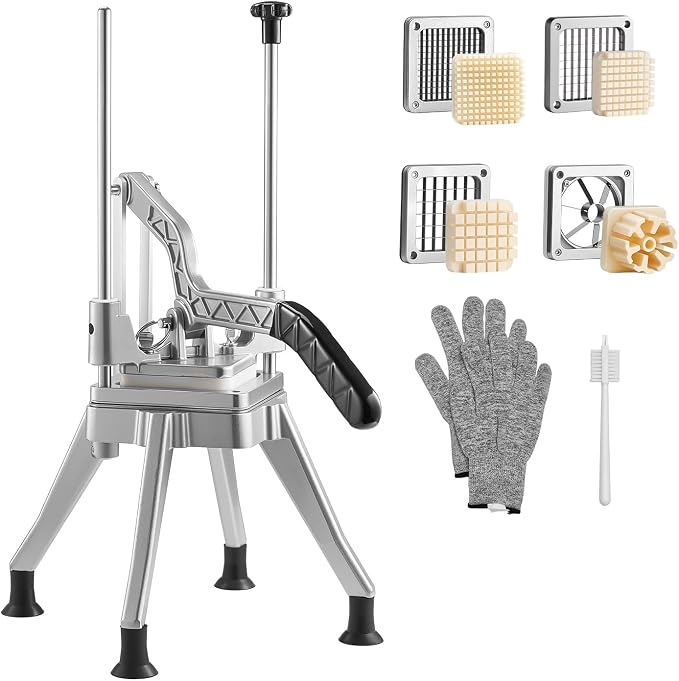 VEVOR French Fry Cutter, Commercial Vegetable Chopper with 4 Replacement Blades, 1/2", 3/8", 1/4" Blade Easy Dicer Chopper and 6-wedge Apple Corer, 420J2 Stainless Steel, for Restaurant Kitchen