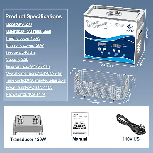 Granbo Ultrasonic Cleaner 3.2L 120W Jewelry Cleaning Ultrasonic Machine 40kHz with Heater Timer and Degassing, 110V Digital Ultrasonic Parts Cleaner for Denture Dental Oral Irrigator Parts Glasses