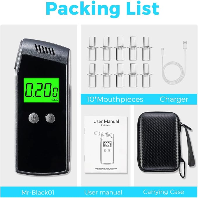 Breathalyzer, Home Alcohol Tester with LCD Digital Display,Portable Breathalyzer for Personal & Party Use with 10 Replaceable Mouthpieces(Black)