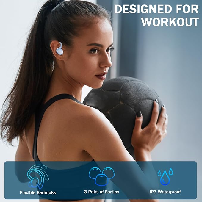 Wireless Earbuds Sport, 2025 Bluetooth 5.3 Headphones Bass Hi-Fi Stereo Over Ear Buds, 48Hrs Noise Cancelling Headset with Earhook, IP7 Waterproof Earphones Workout Running for Laptop Pad Android iOS