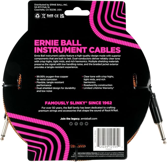 Ernie Ball Braided Instrument Cable Straight/Straight 18ft - Pumpkin Pie