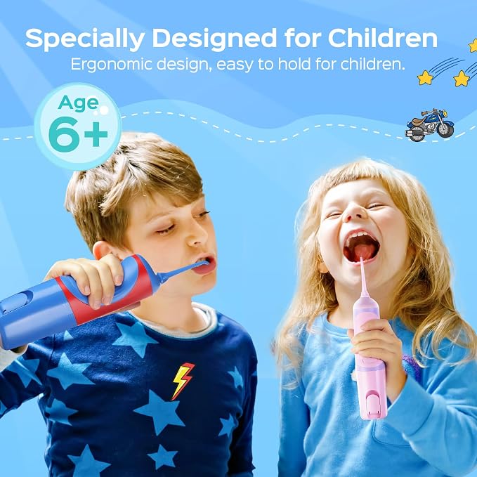 COSLUS C31 Kids Water Dental Flosser Deep Cleaning Picks Portable 4 Modes for Ages 6+ Safe Waterproof Rechargeable with 2 Jet Tips for Gums Care Red Blue