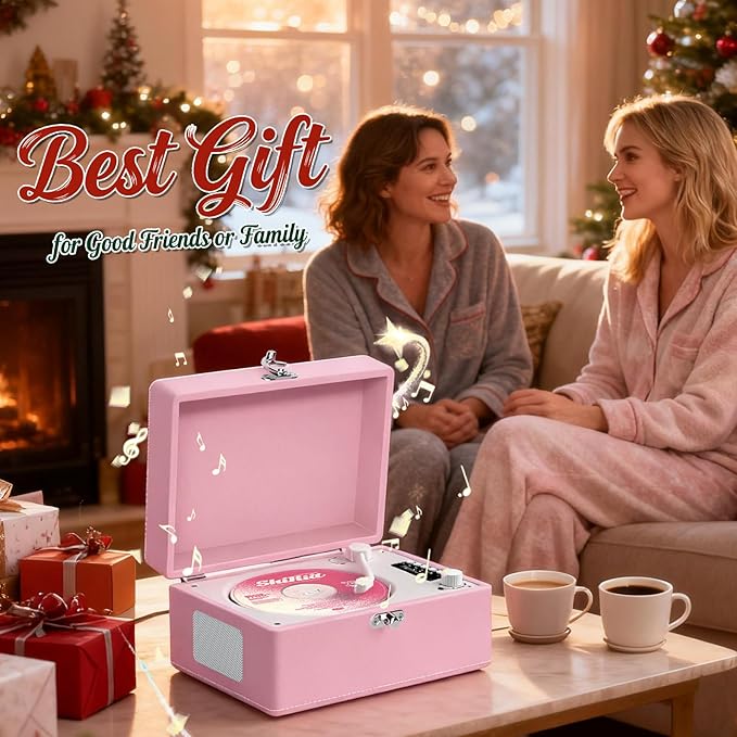 CD Player Portable Bluetooth, Pink CD Player Leather for Home Music Player, Rechargeable Battery & Built-in Speakers, USB & AUX Playback, Vintage CD Stereo for Home Decor Gift(Light Pink)