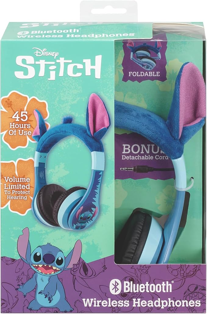 Disney Stitch Bluetooth Headphones for Kids, Wireless Headphones for School | Volume Reduced and Built-in Microphone