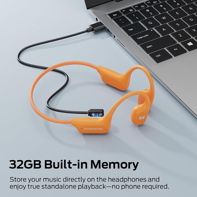 Monster Open Ear BC300 Sport Headphones, Wireless Bone Conduction Headphones Bluetooth 6.0, IPX8 Waterproof, 32GB Built-in Memory, 10-Hour Battery Life for Running, Cycling, Outdoor Sports