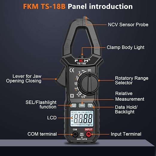 FKM Clamp Meter,TRMS 6000 Counts 600 Amp Digital Clamp Multimeter Voltage Tester,Auto-ranging Volt Meter,for AC/DC Voltage,AC Current,NCV,Capacitance,Resistance,Continuity,Hz/Duty Cycle,Diode,TempTest