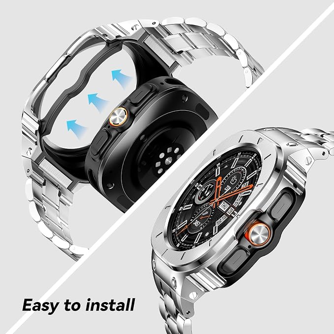 BAITEYOU Stainless Steel Bands with Case Compatible with Samsung Galaxy Watch Ultra 2/1 47mm (2025 2024), Rugged Protector Cover Metal Band for Galaxy Watch 7 8 Ultra for Men (Silver)