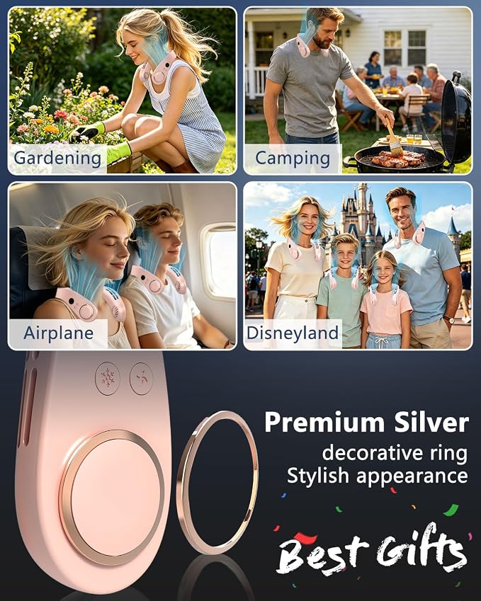 AJGJF Portable Neck Fan,1S Cool Down,5500mAh Rechargeable, 24H Max Runtime, Ultra Quiet, 5 Speeds, 3 Temp Modes, USB-C Fast Charging, LED Battery & Speed Display, Neck Coolers for Hot Weather Pink