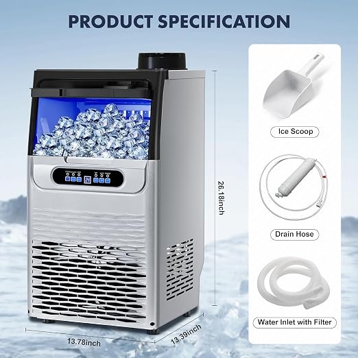 100LBS/24H Commercial Ice Maker Machine, Dual Water Inlet Under Counter or Freestanding Ice Machine, 36 Cubes/Cycle with 22LBS Storage for Home, Bar, Restaurant, Coffee Shop