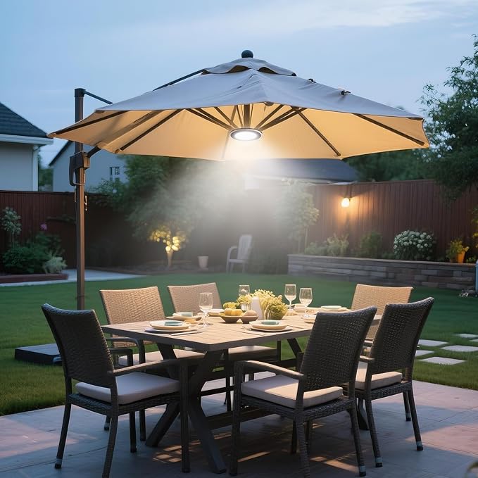 Vitnucrol LED Patio Umbrella Lights with Remote, 4000mAh Rechargeable Portable Outdoor Cantilever Umbrella Lamp with 3 Brightness, Dimmable Camping Lights for Offset Umbrellas, Tents