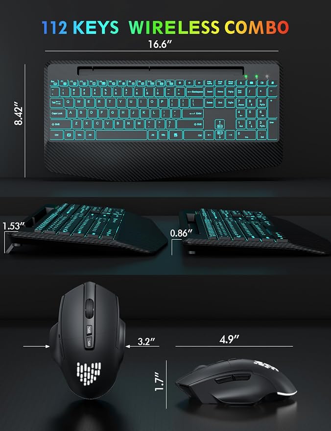 Wireless Keyboard and Mouse Backlit, Wrist Rest, LED Mouse, Rechargeable Ergonomic Keyboard with Phone Holder, Silent Light Up Combo for Computer, Mac, PC, Laptop, Chromebook - SABLUTE KM22 Ultra+