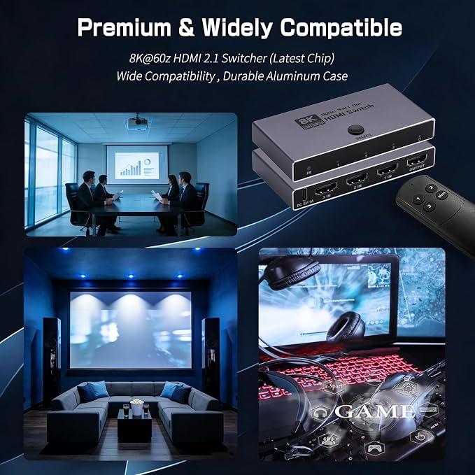 2026 Upgrade 8K HDMI 2.1 Switch, HDMI 2.1 Switcher 3 In 1 Out Supports CEC 8K@60Hz, 4K@240Hz, 1080P@480Hz HDCP 2.3 HDR Dolby Atmos VRR Compatible with PS5 Xbox Blu-Ray Player with IR remote controller