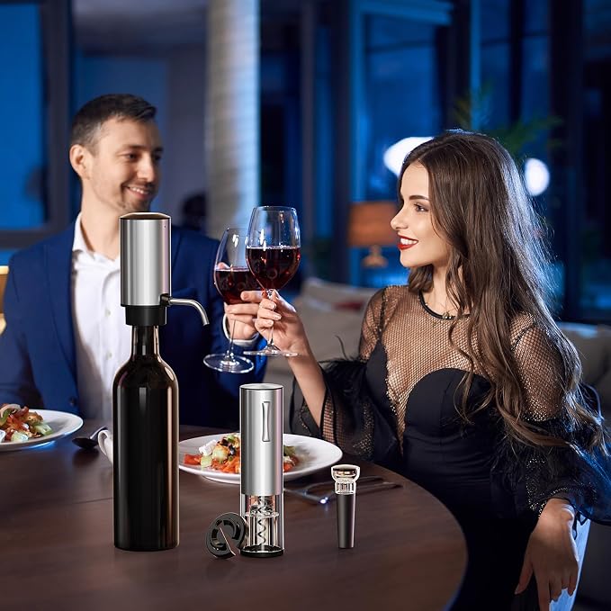 Rechargeable Electric Wine Opener Set, 4-in-1 Father Day Gift for Dad with Automatic Corkscrew, Aerator Pourer, Vacuum Stoppers & Foil Cutter, Ideal for Home Bar, Gifts for Women/Men