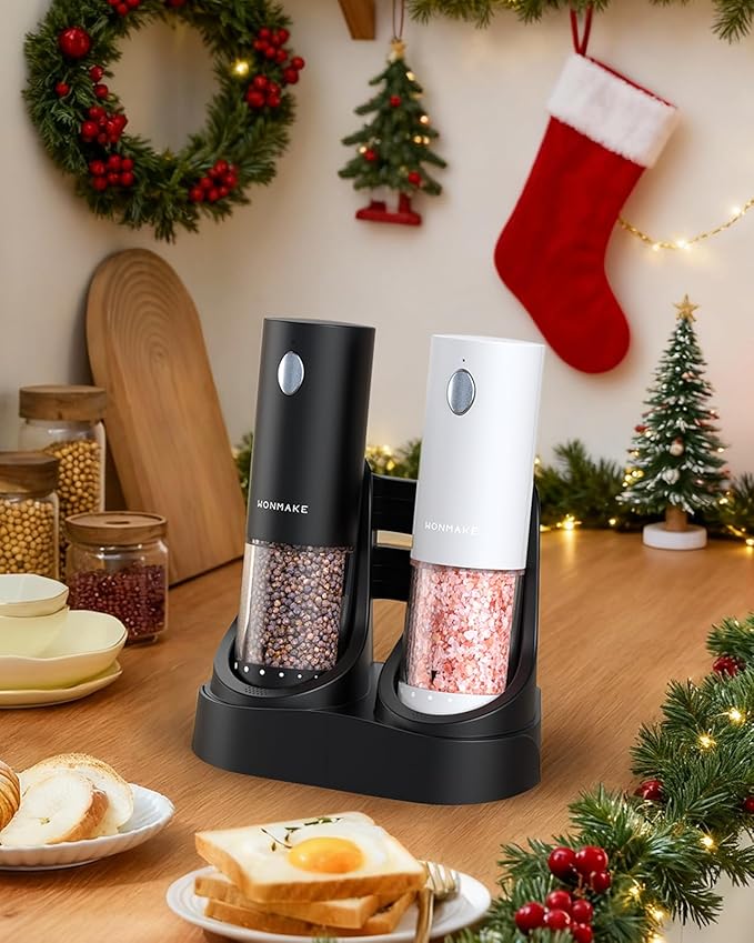 Electric Salt and Pepper Grinder Set - Automatic Refillable Salt and Pepper Grinders with Charging Base & LED Light, 6-Level Adjustable Coarseness with External Dial, Ideal Kitchen Gadget,Black& White