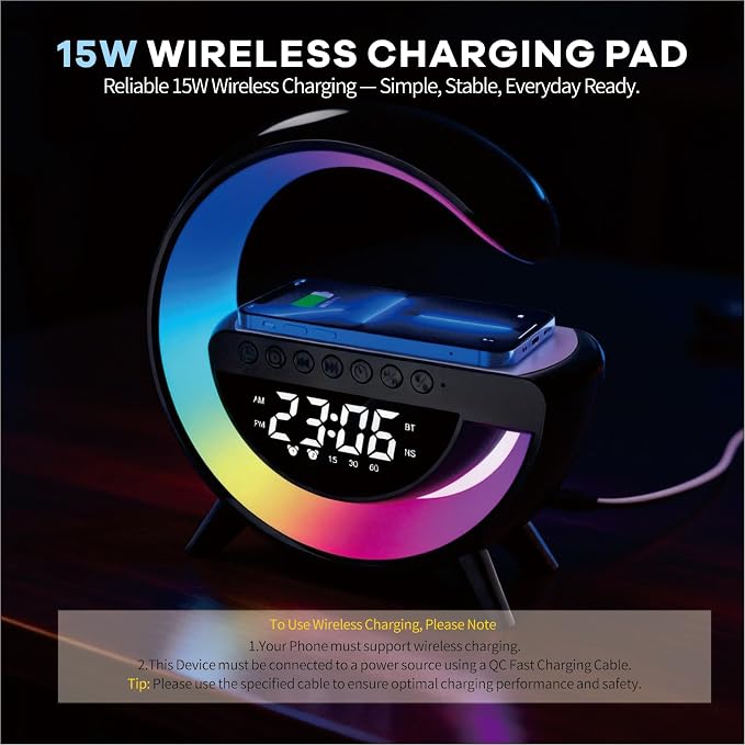 15W Wireless Charging Ambient Light Bluetooth Speaker Alarm Clock Multifunctional G-Type Colorful Bedroom Light Desktop Creative Ornament (Black)