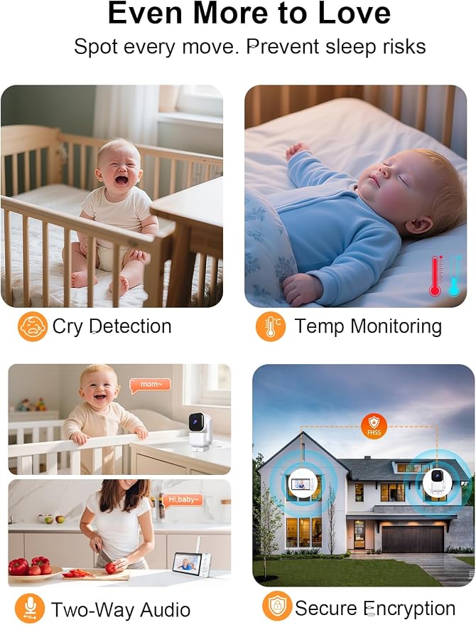 Smart Baby Monitor with 2 Cameras and Phone App, 5" HD Display Multi-Room Video Baby Monitor, Dual Mode (WiFi & Hack-Proof FHSS), Auto Motion Tracking, Cry Temp Alert, White Noise, 36H Battery