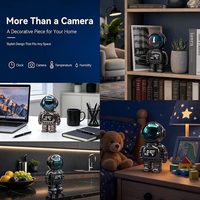 GBIUT Robot Alarm Clock Camera, 2K HD 5G/2.4Ghz WiFi Pet Robot Camera, Human Detection, Night Vision, Two-Way Talk & Motion Alert, Temp Humidity Display, Space Gift for Kids