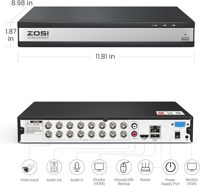 ZOSI 1080P H.265+ 16 Channel Video Security DVR Recorder with AI Human/Vehicle Detection, 16CH Hybrid 4-in-1 CCTV DVR with 4TB HDD for HD-TVI, AHD, CVI, CVBS Surveillance Cameras, 24/7 Recording