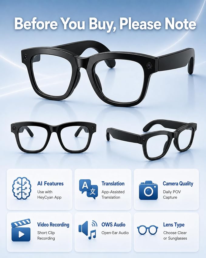 Coucur AI Smart Glasses with Camera, 8MP 4K Camera Glasses & 1080P Video Recording Sunglasses, ChatGPT Voice Assistant, 139 Languages Real-Time Translation, Open Ear Earbuds for Outdoors/Driving/Vlog