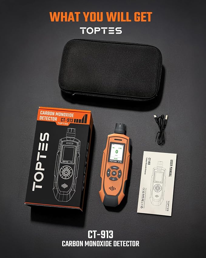 TOPTES CT-913 Portable Carbon Monoxide Detector, Rechargeable CO Detector with Upgraded Sensor, TFT Color Display with Triple Alarms, 0-1000PPM for Camping, Travel, Industrial & Professional Use