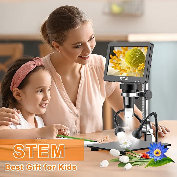 7'' HDMI Digital Microscope,1200X Coin Microscope with IPS Screen, 16MP Soldering Microscope with Lights, 8.5'' Long Stand, View Entire Coin, Compatible with PC/TV, 32GB Card