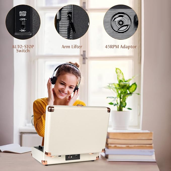 Turntable Vinyl Record Player 3-Speed Suitcase Portable Belt-Driven Record Player with Built-in Speakers RCA Line Out AUX in Headphone Jack Vintage White