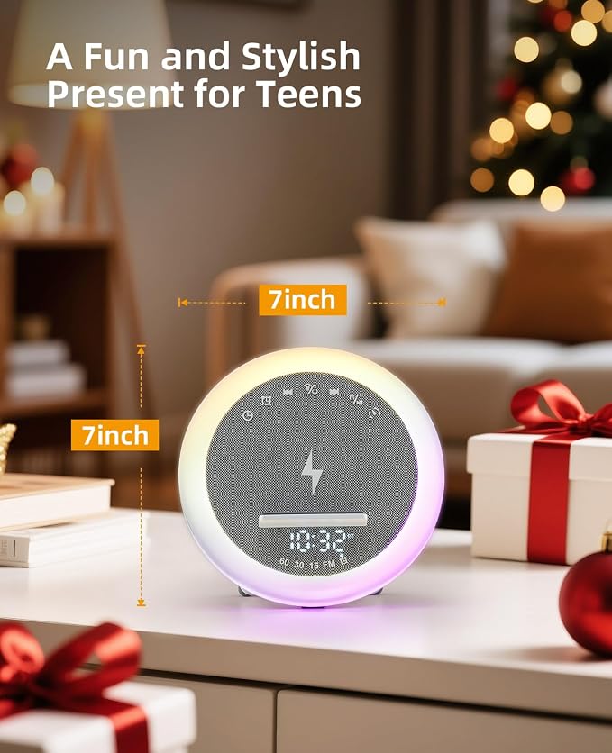 Alarm Clocks with 15W Wireless Charger, Bluetooth Desk Digital Speaker, Modern RGB Night Light Lamp with White Noise Sound for Teen Kids Girl Birthday