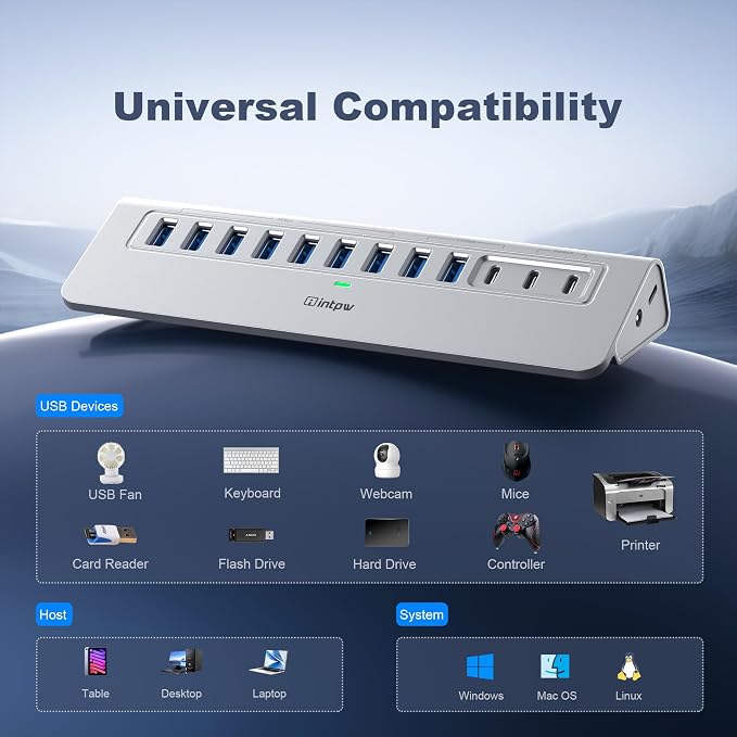 Powered USB Hub 10Gbps, intpw YH9AC 12 Port USB C Hub with 10Gbps USB C 3.2+2 USB A 3.2, 7 USB 3.0, 2 PD 45W Charging Port, 65W Power Adapter + 3.3FT Cable, Aluminum USB Hub for PC/Laptop/iPhone 17/16