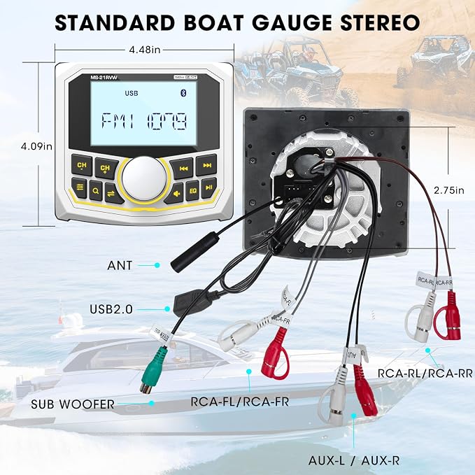 Bluetooth Boat Radio Receiver Waterproof: DOVOX Marine Gauge Stereo for Boat - 2.8 Inch LCD Display AM FM USB AUX Subwoofer for Golf Cart ATV UTV SXS Yacht