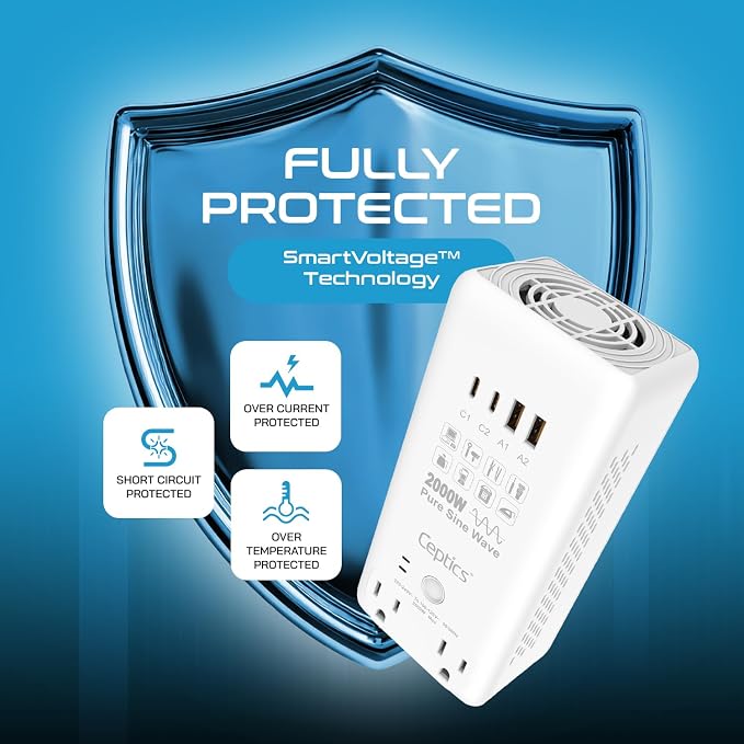 Ceptics Voltage Converter US to Europe, 2000W Pure Sine Wave 220V to 110V, Perfect for Hair Dryer, Straighteners and Curling Iron, 6 in 1 with 2 AC Outlets and 4 USB Ports (PD 45W)