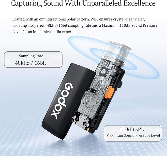 GODOX WES2 Kit2 Wireless Lavalier Microphone for Android/USB C, 8H Battery Life, 200m(656ft.) Range, Dual Channel 2.4G Wireless Mic, Noise Cancelling with Charging Case for Vlogging, TikTok, YouTube