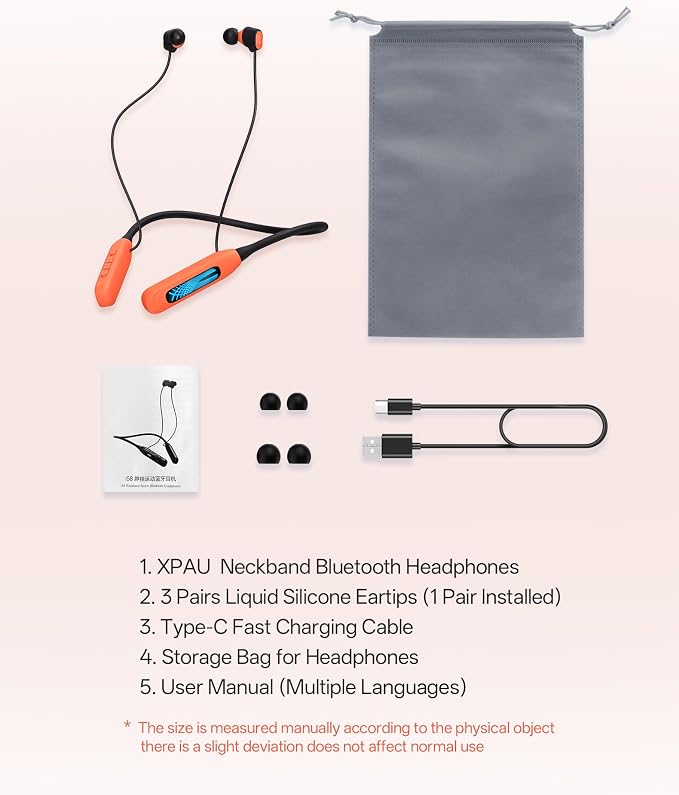 JL&MI Neckband Bluetooth Headphones, Wireless Sport Earphones with 80-Hour Battery and LED Display, Bluetooth 5.4 Magnetic Earbuds, Comfort Fit for Running, Gym, Travel (Orange)