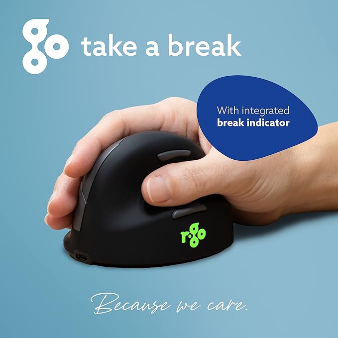 R-Go HE Ergonomic Mouse, Bluetooth 5.0, Silent Click, Vertical design, With Break Software, Prevents Tennis Elbow/RSI Arm, Rechargeable, For Windows/Mac, 5 Buttons, Black