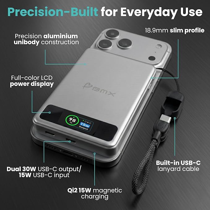 10K Magnetic Power Bank, Silver, Qi2 Certified 15W Wireless Charger, LCD Display, Solid-State Battery for Safer Travel, Ultra-Slim USB-C Fast Charging Portable Charger for iPhone 17/16/18