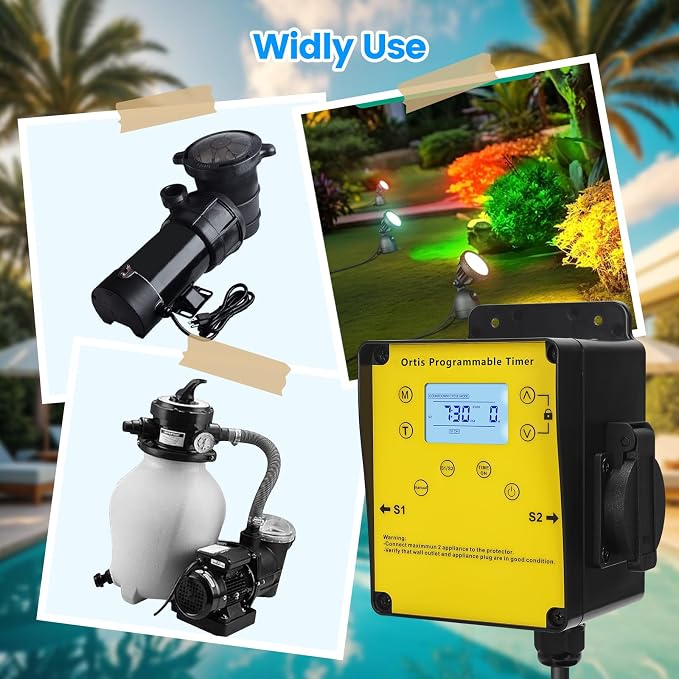 Ortis Above Ground Smart Pool Timer, Dual Waterproof Outlets for Pump & Salt System, Countdown & 24H Auto Cycle Modes, LCD Display, Outdoor Heavy-Duty Timer for Filters & Pumps