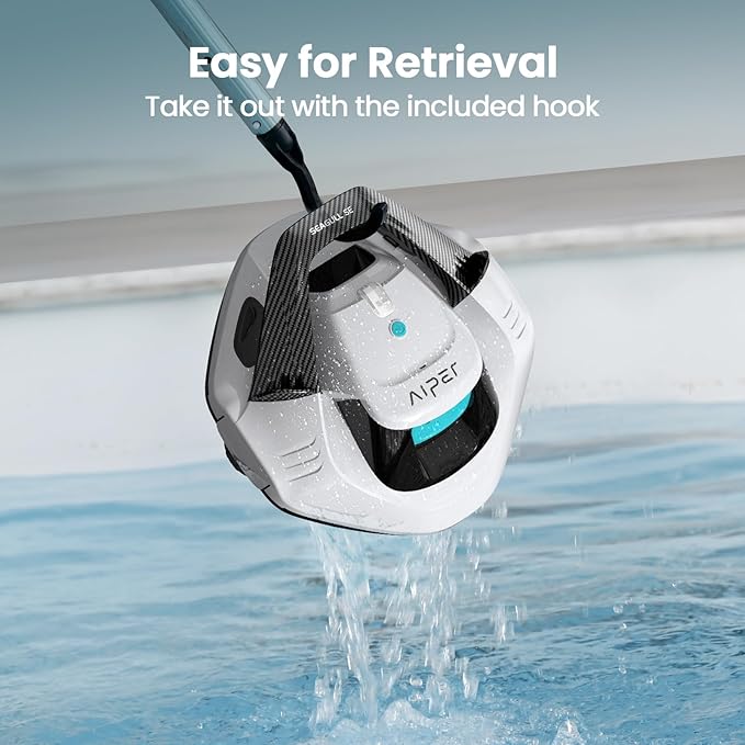 AIPER Seagull SE 2025 Cordless Robotic Pool Cleaner with LED Indicator, Self-Parking Technology, Lasts 90 Mins Runtime, Ideal for Above-Ground Pool up to 40 Feet, Snow White & Teal